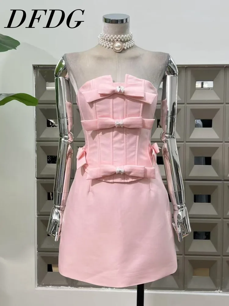 

DFDG 2025 Women’s Elegant Bow Bandeau Top High Waist Ruffled Skirt 2 Piece Set Slim Fit Spring Summer For Wedding Party Set