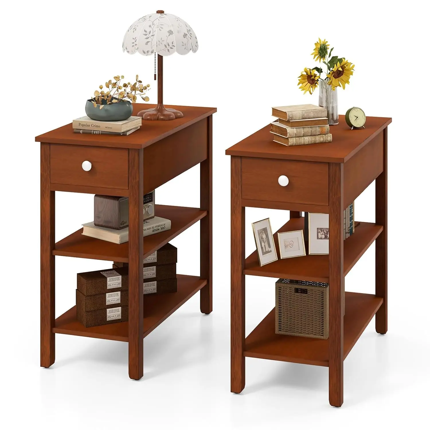 Narrow End Table Set 24.5"H Bedside Drawer Storage Shelves Wood Legs 3-Tier Slim Small Space Living Room Bedroom Brown, Customiz