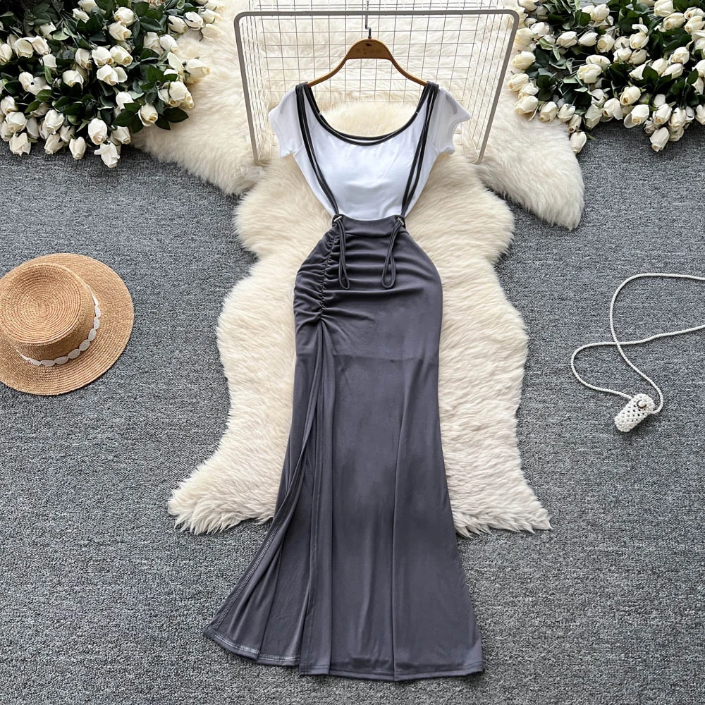 セクシーなスプリットスプライシングドレスシックなヴィンテージイブニングパーティークラブ女性シックな夏のフェアリーコアロングドレスセレモニードレス