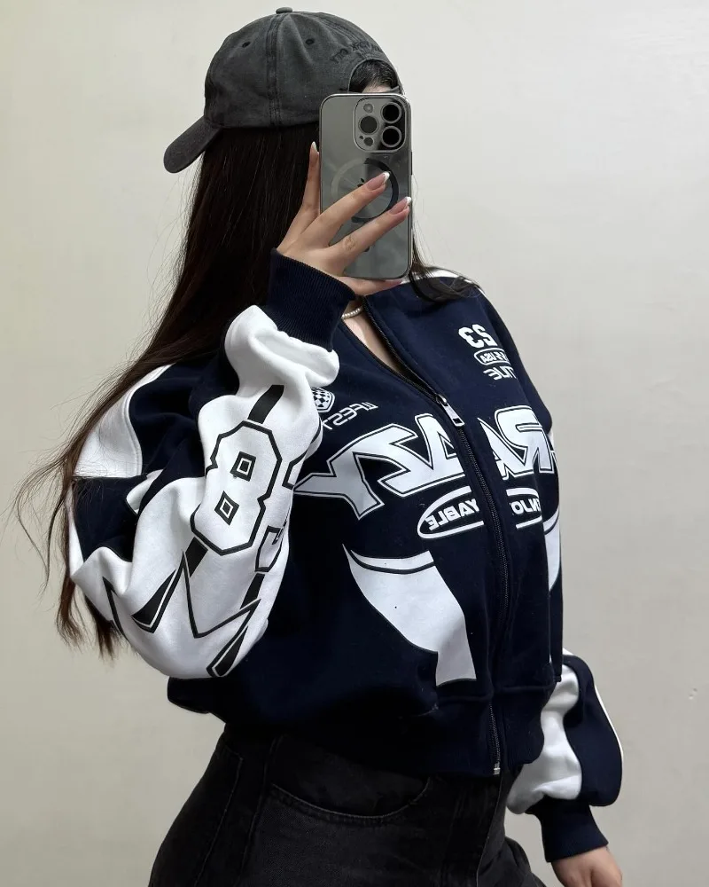 American Street Impiombato ​ ​ Giacca con cerniera senza colletto stampato casual oversize top slim retrò hip-hop cappotti di marca di moda da donna