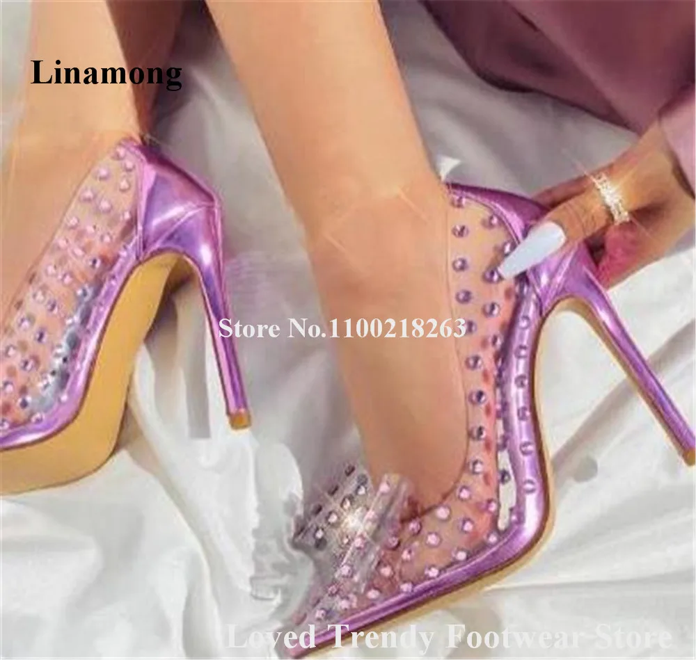 Linamong-zapatos de tacón de aguja con diamantes de imitación para mujer, tacones de aguja de retales de PVC, ostentosos, puntiagudos, rosa, plata, cristal transparente, pajarita