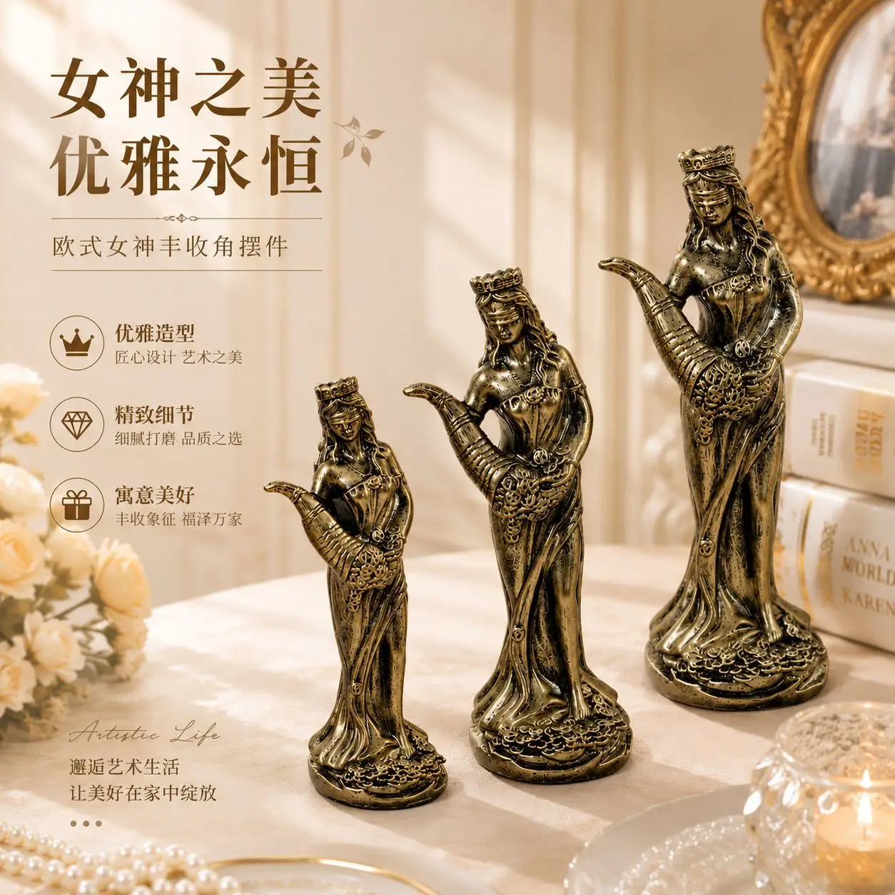 1 PC of Goddess of Luck Jewelry Resin Goddess of Wealth Statue Small Ornaments Used for Bookshelf Home Living Room Office