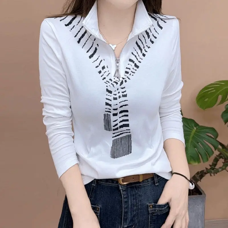 Women Korean Fashion Print Half Zipper Stand Collar T-shirts Autumn Casual Long Sleeve Slim Chic Pullover Tops Ropa Para Mujer