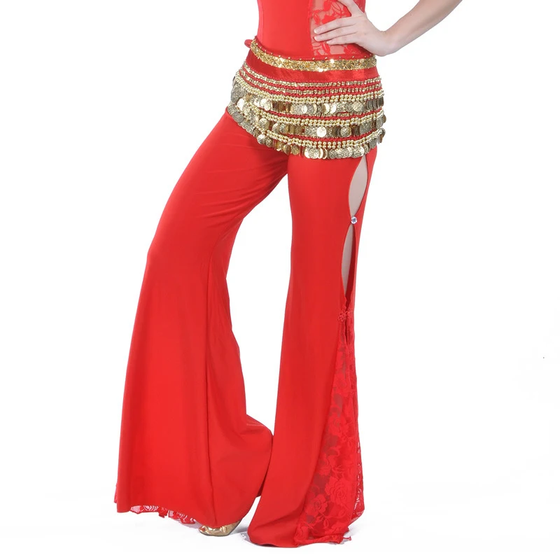 Women's Sexy Flare Dance Pants Belly Dance Costume Lace Sides Split Pants Lace Bollywood Indian Dance Costume, No Waist Chain