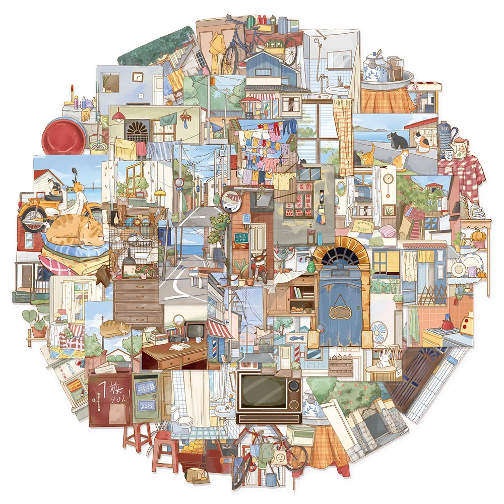 50PCS Creative Alley Home Stickers Packaging Waterproof Transparent PET Booklet Decoration Guitar Notebook Waterproof Stickers