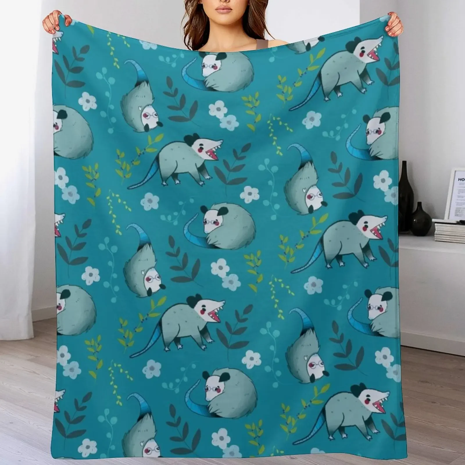 Possum - Cute Blue and Green Cartoon Animal Pattern Throw Blanket Cozy Throw Blanket Birthday Gift for Him Her