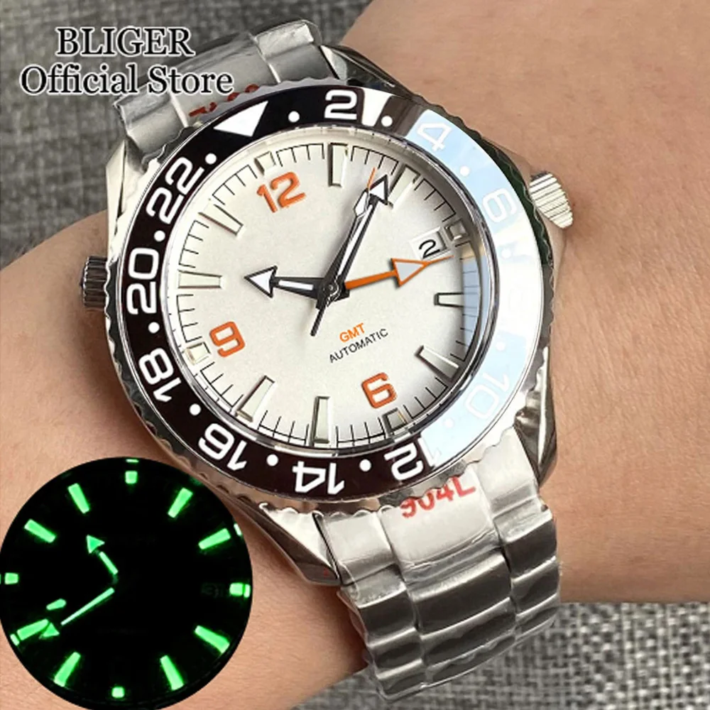 

BLIGER New 41mm NH34A Automatic Mens Watch Luminous Sapphire Glass NH34 GMT Stainless Steel Bracelet White Dial Montres hommes