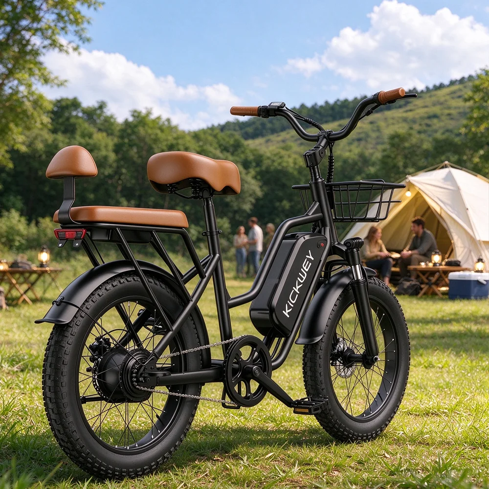 Kickwey LD20 Adult Electric Bicycle 1500W 28MPH, 48V 20Ah Removable Battery, 20 Inch Fat Tire Mountain E Bike, Dual Seat for Camping Fishing Commuting, 1 Year Warranty, Fast Shipping to US