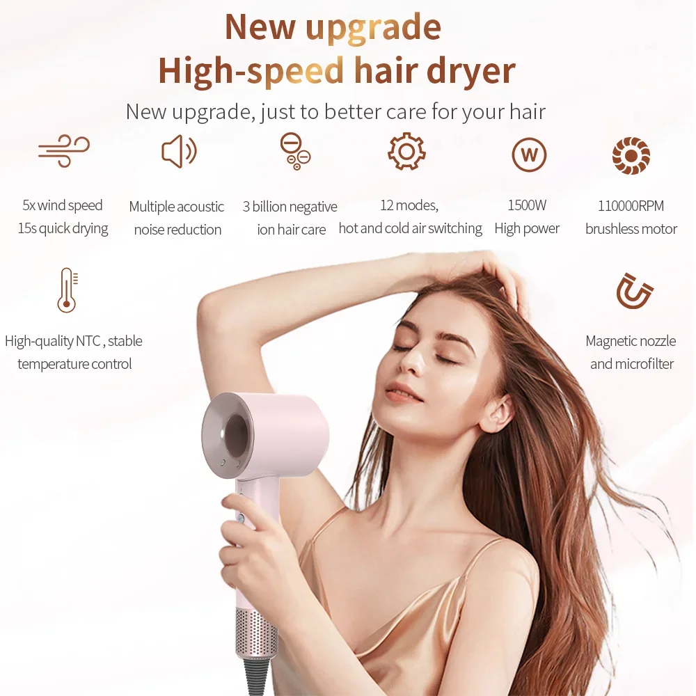 

Высокоскоростной фен, 30 м/с, скорость ветра, уход за волосами с отрицательными ионами, 110 000 об/мин, профессиональный портативный сухой, 220 В-240 В, 12 режимов