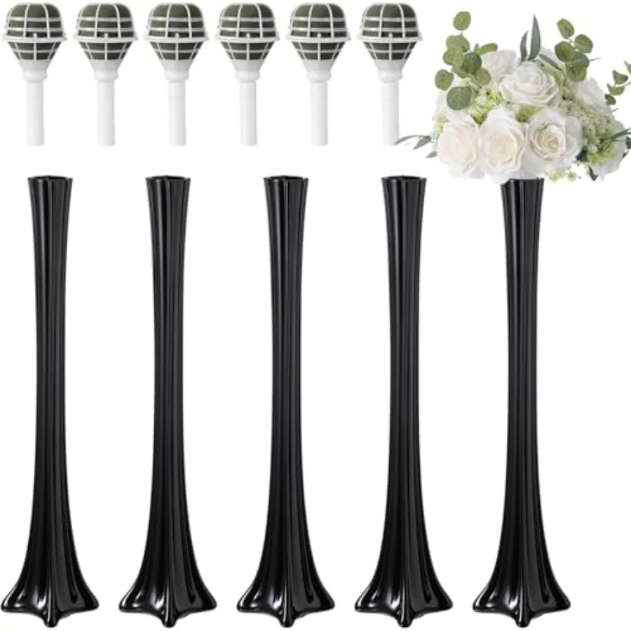 4 Pcs 20'' Eiffel Tower Vases for wedding and bridal shower decor black glass material elegant black color includes 6 foam bouq
