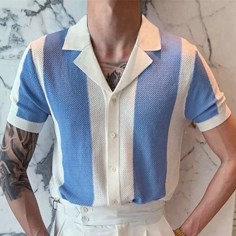 2024 Summer Men Short-sleeved Knitted Polo Blouse Cardigan Vintage Slim Stretch Tshirts Top Business Casual Male Shirts Clothing