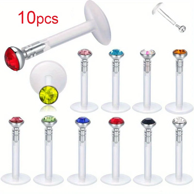 10pcs/set Flexible Rhinestone Labret Stud Insert-in Clear Rod Lip Piercing Ring Cartilage Tragus Earrings Body Piercing Jewelry