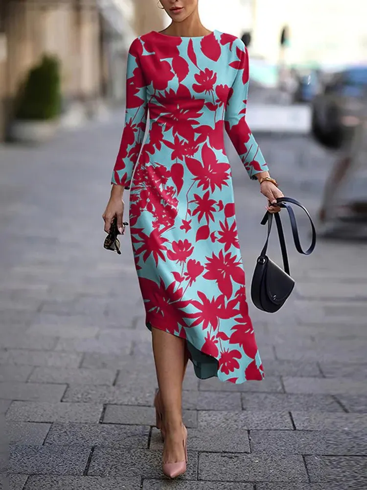 

Women's Dress Summer Fashion Floral Print Casual Round Neck Long Sleeve Daily A-Line Long Dress 2023 New