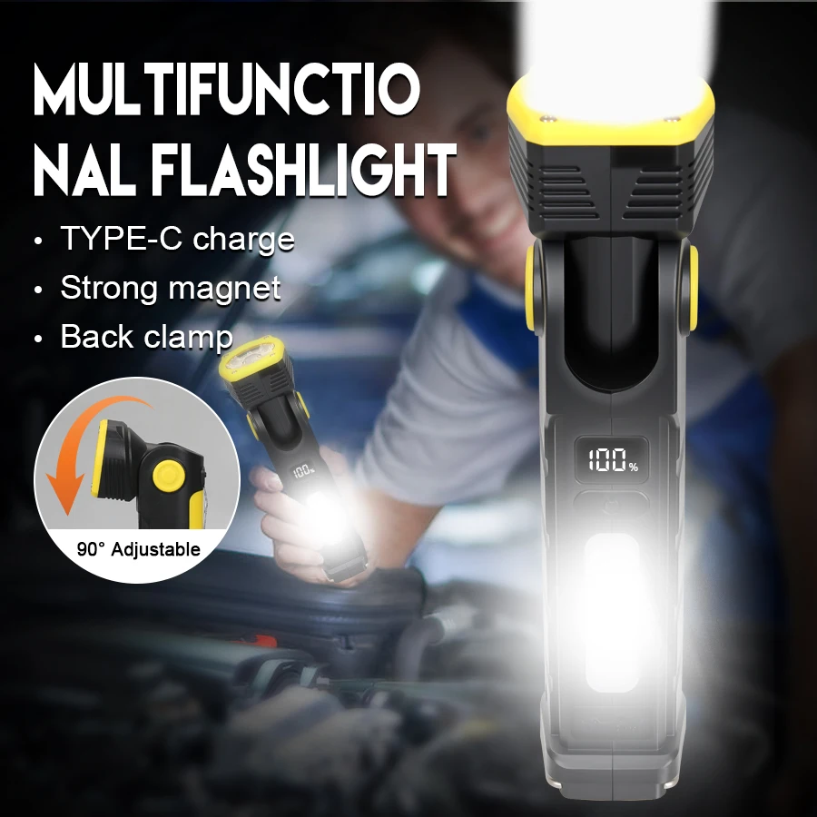 مصباح يدوي LED قوي مع مغناطيس، مشبك، ضوء عمل قابل لإعادة الشحن من النوع C مع ضوء جانبي COB، 90 ° ضوء الرأس القابل للتعديل #1