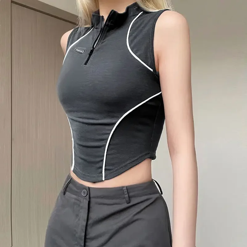 American Casual Sports Short Zippered T-shirt Girls Stand Collar Short Sleeved Top Tees Spicy Girl Split Line Slim Y2K T-shirt