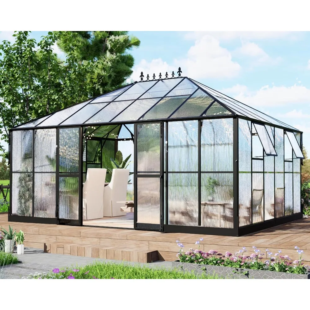 

16x12x9.5 FT Greenhouse, 4 Vent Windows Polycarbonate with Widened Lockable Doors, Extra-Large Size, Conservatory