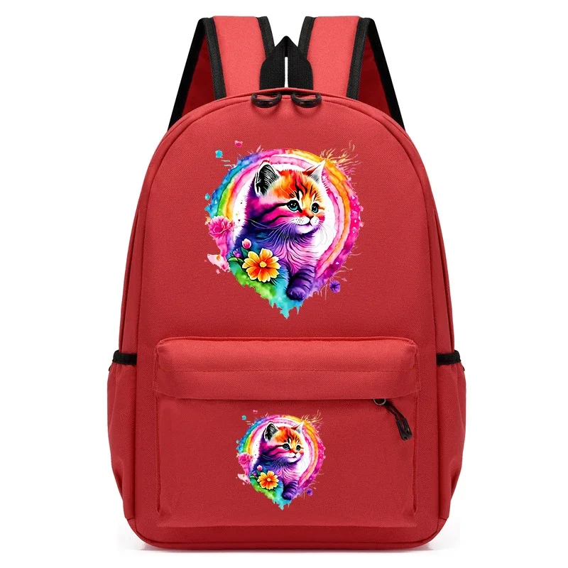 Mochila escolar de acuarela para niños y niñas, bonito gato Floral, bolsa de viaje para guardería