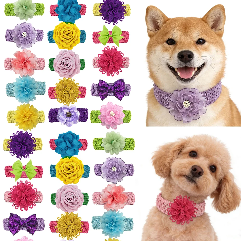 50/30pcs Easter Style Pet Dog Bowtie with Elastic Bands Colorful Chiffon Flower Pet Dog Bow Ties Grooming Collar Pet Supplies