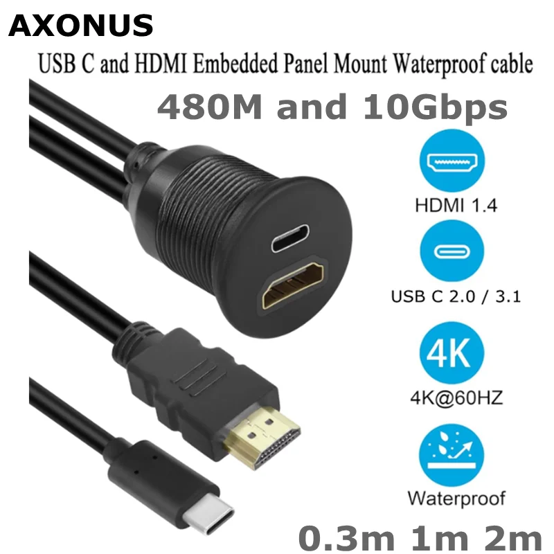 USB C 2.0 Type-C 3.1+HDMI-compatible 1.4 Male to Female Waterproof Panel Mount Extension Cable, 4K@60HZ, for Car, Dashboard, Des