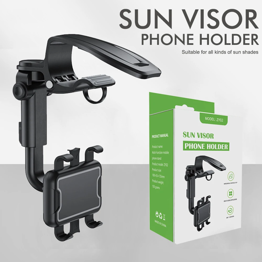 Sun Visor Phone Holder, 360° Rotatable Telescopic Car Phone Mount, Universal Hands-Free Navigation Cradle for Smartphones