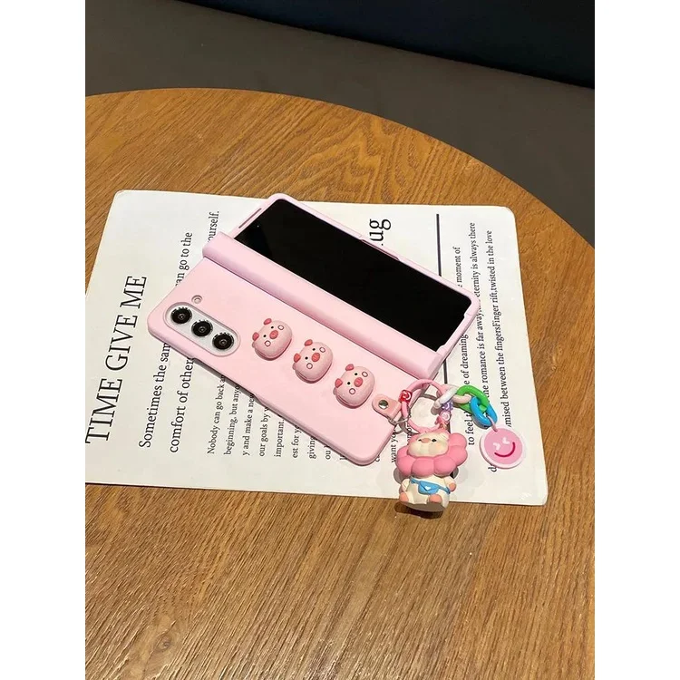 Fashion DIY Cute Pink Pig Pendant Skin Feel Phone Case For Samsung Galaxy Z Fold 7 6 5 4 3 zfold5 5G Full Protector Hinge Cover