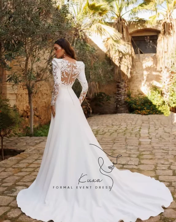 KUXA Customized Satin A-line Wedding Dress Long Sleeves Vestido Lace V Neck Civil Bridal Gown Back Button Robe De Mariee 2026