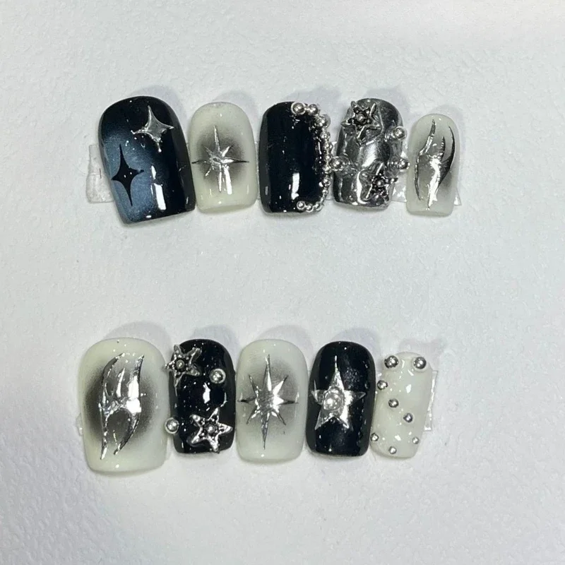 10pc Spice Girl Y2k Stars Short Square Designs Press on Nails Full Cover Ballet Handmade Blue Star Diamond False Nails with Glue