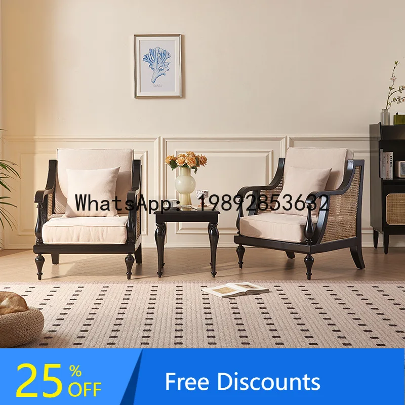 

CZ Rattan Woven Solid Wood Sofa Chair Side Table Set Black Hotel Room Meeting Chair White Ash Single Seat Sofa