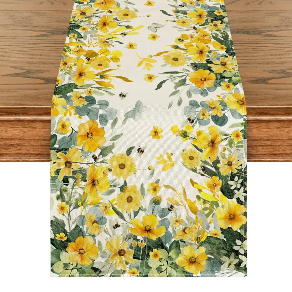 

Daisy Eucalyptus Leaves Spring Table Runner,Seasonal Summer Butterfly Kitchen Dining Table Decoration for Home Party Decor