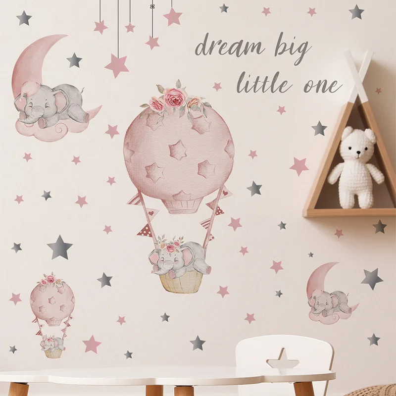 Dream Big Little One Elephant Wall Stickers Pink Moon Hot Air Balloon Grey Stars Wall Decals for Nursery Kids Room Bedroom Decor