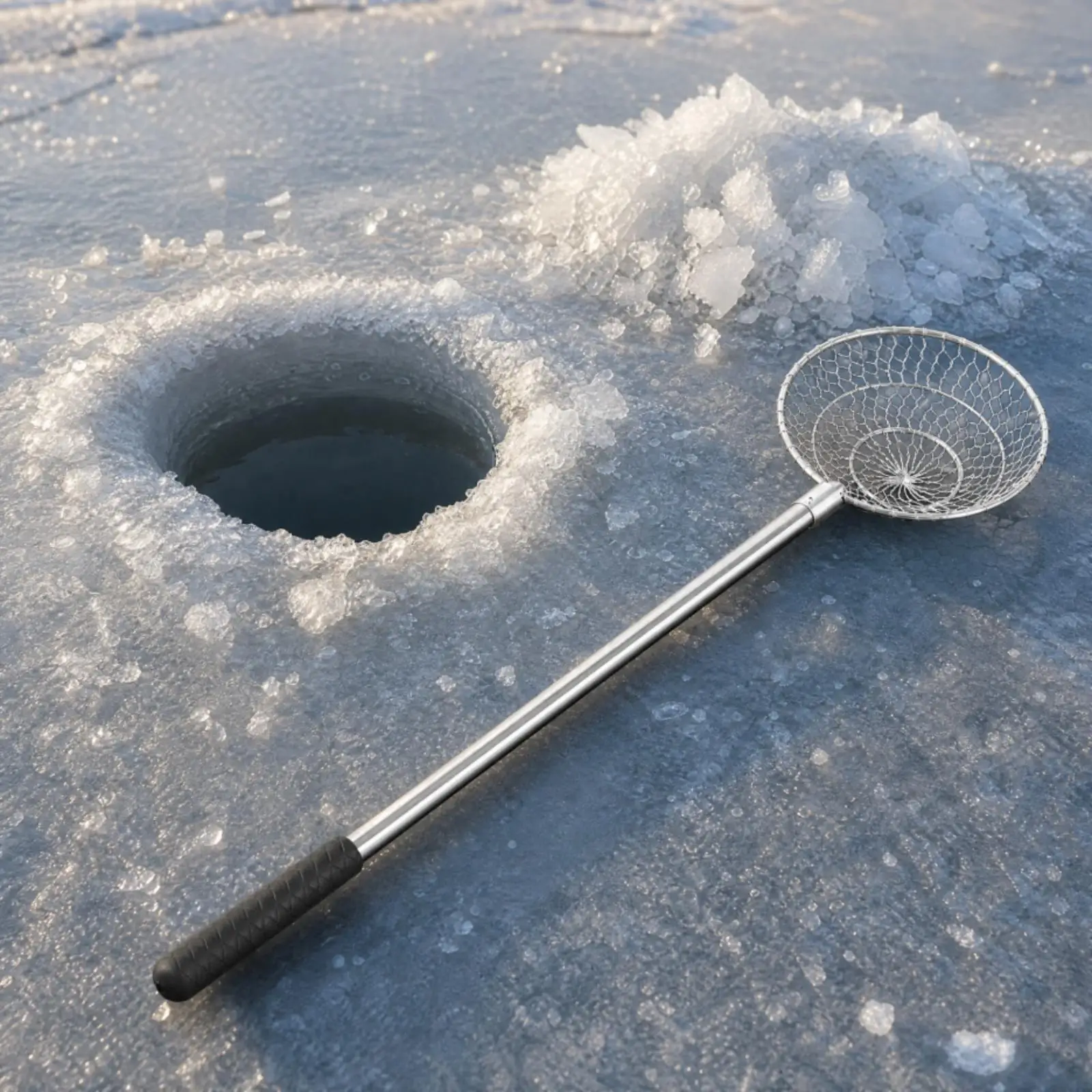 Compact Ice Fishing Scoop Ladle Stainless Steel Mesh Basket for Slush Ice Removal and Small Fish Handling