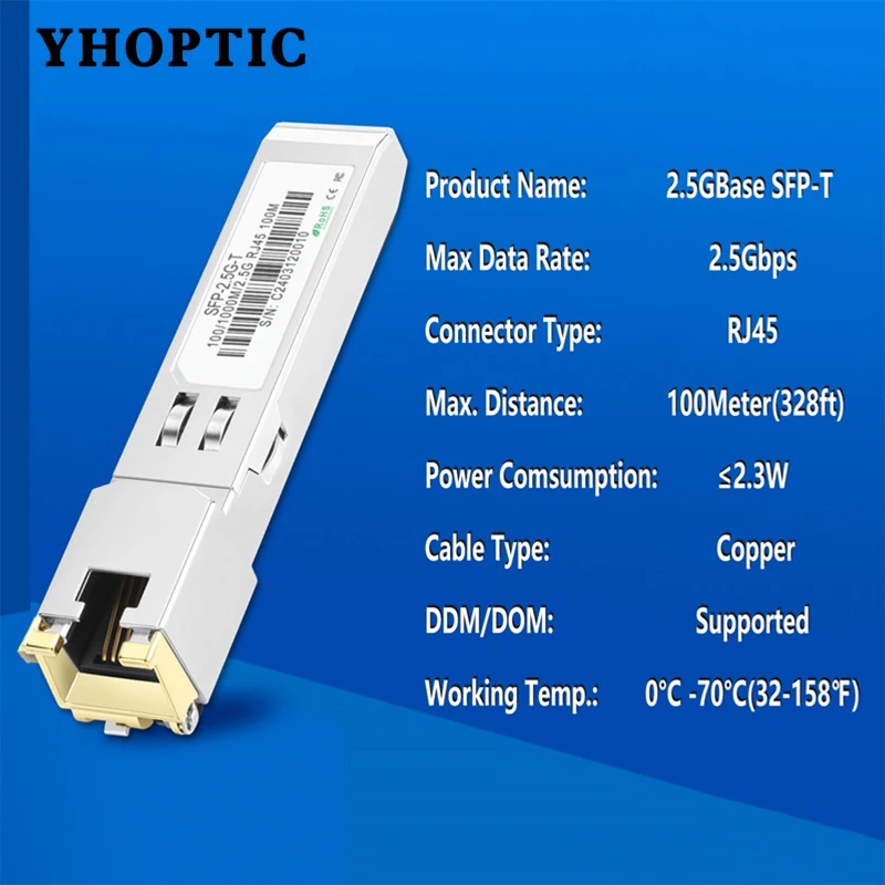 Módulo óptico Gigabit SFP + a Rj45, 10G/2,5G, 30m/100m, Módulo de cobre, Compatible con Cisco, Mikrotik, interruptor óptico Ethernet