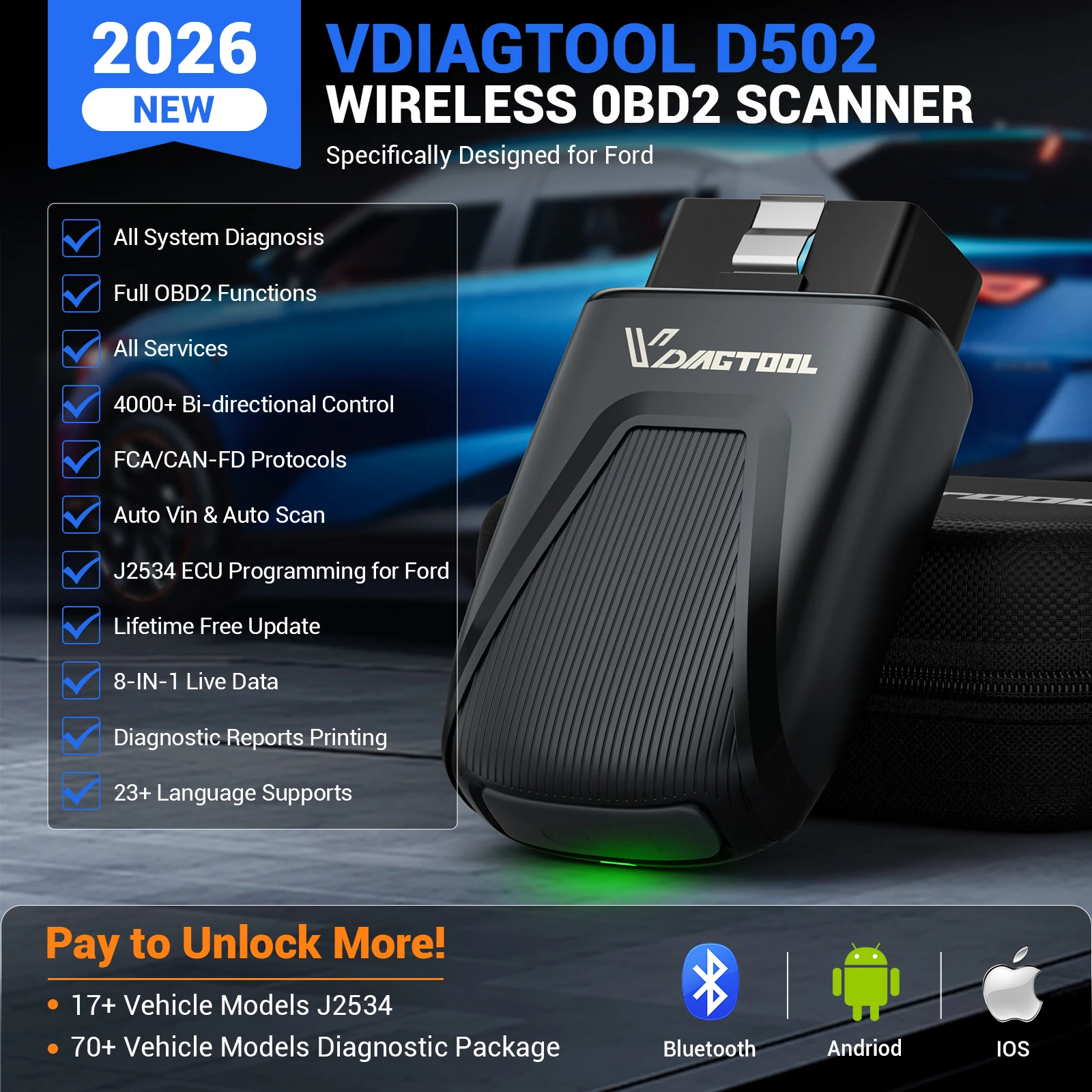 

Диагностический сканер VDIAGTOOL D502 OBD2 для автомобилей Ford, считыватель кодов J2534, автоматическое определение VIN, 27+ сервисных функций, пожизненные бесплатные обновления