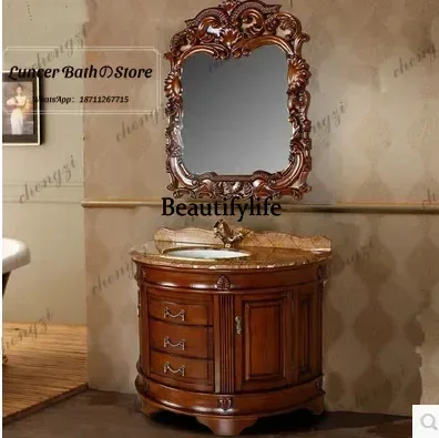 European antique american bathroom cabinet floor-standing oak solid wood semi-circular bathroom cabinet combination b567