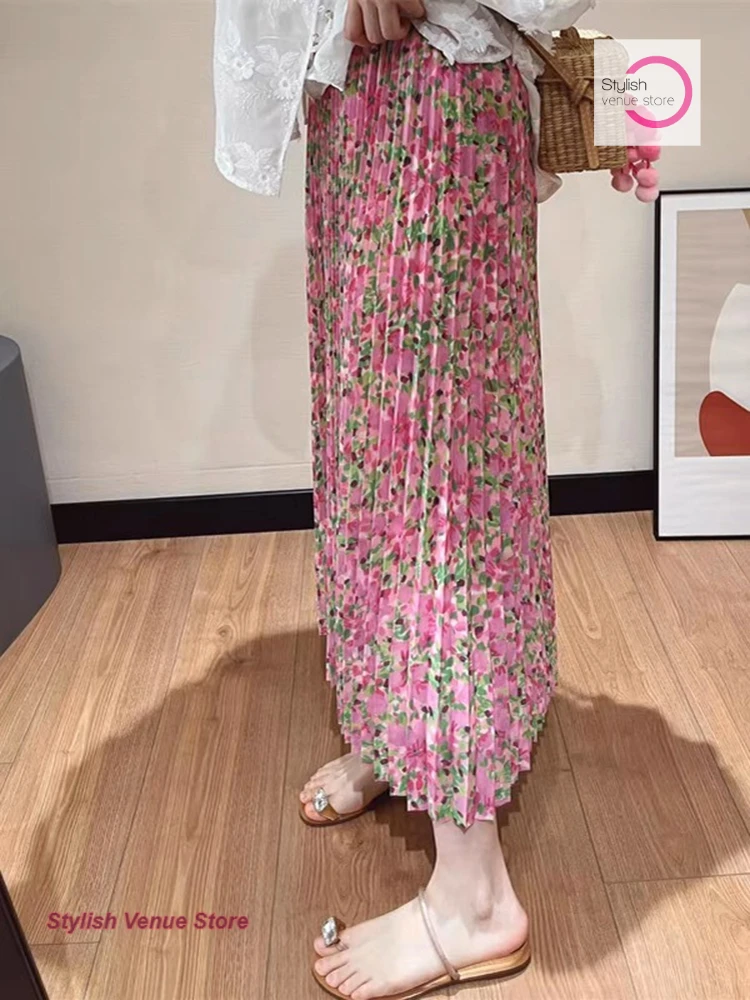 Japanese pink floral pleated skirt female summer new fashion high waist slim skirt simple Issey Miyake pleated casual dress