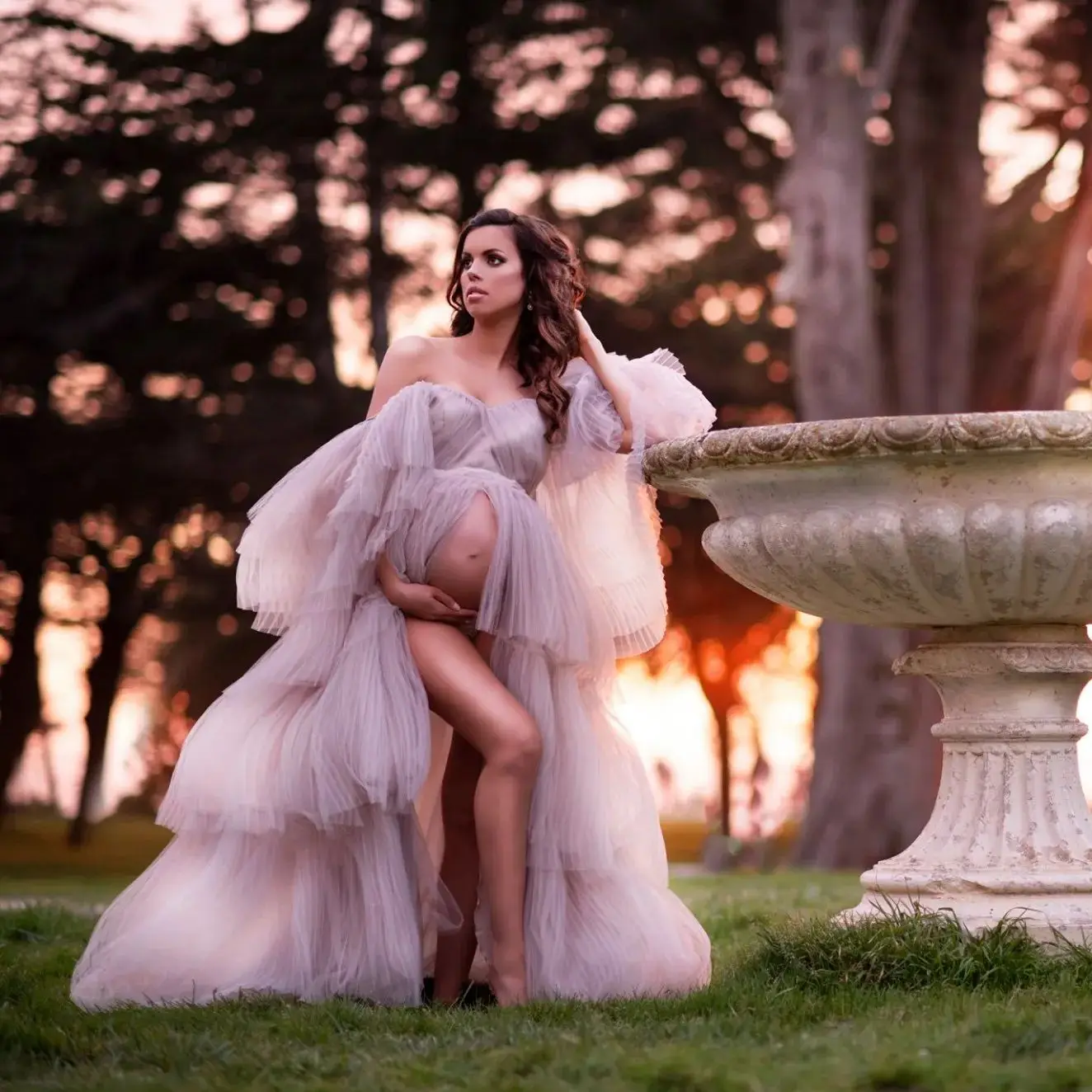 Vestido de maternidad gris Vintage para fotografía, accesorios para sesión de fotos de embarazadas escalonados con hombros descubiertos, batas de Babyshower con abertura personalizada