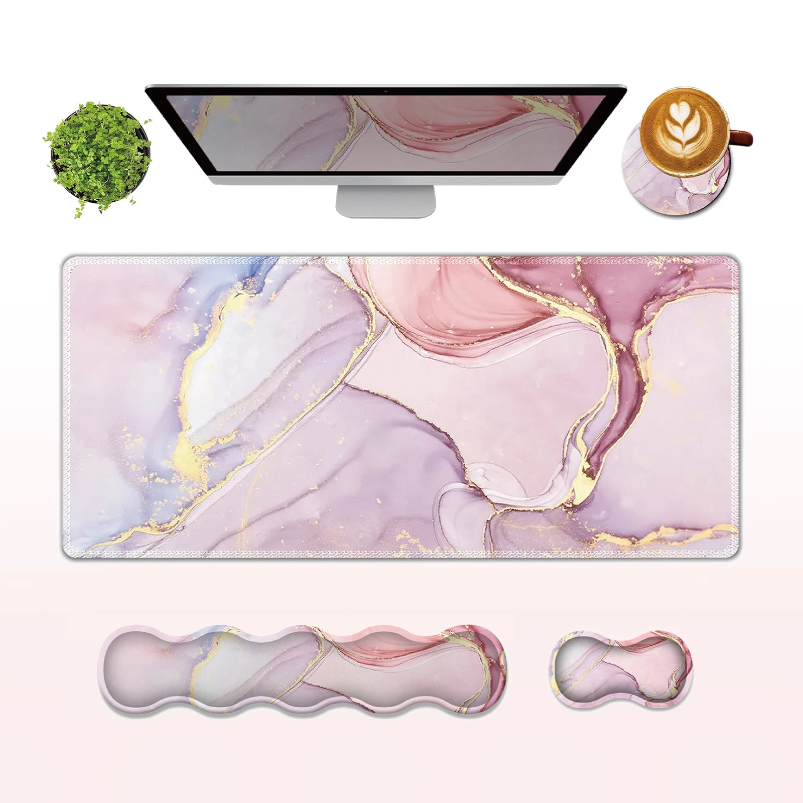 Pink Marble 4-piece Set -relieves wrist pain from long working hours, non-slip bottom, soft and comfortable, suitable for office