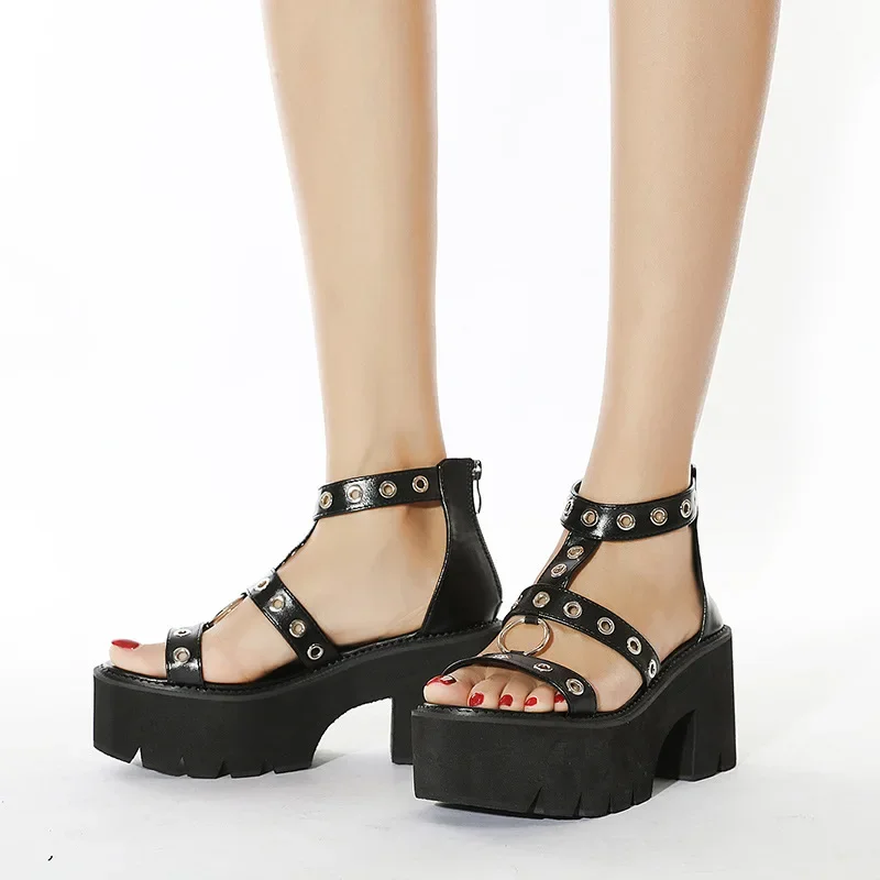 New open-toed metal ring hollowed-out high-heeled sandals thick soled Roman shoes trend women's shoes