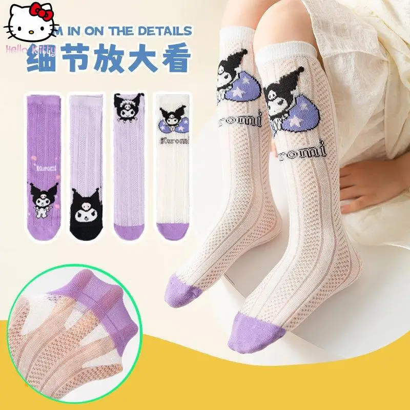 

Носки Kuromi с мультяшным принтом, впитывающие пот, дышащие, сетчатые, милые, для девочек, в стиле принцессы, приятные для кожи, мягкие, длинные, хлопковые.