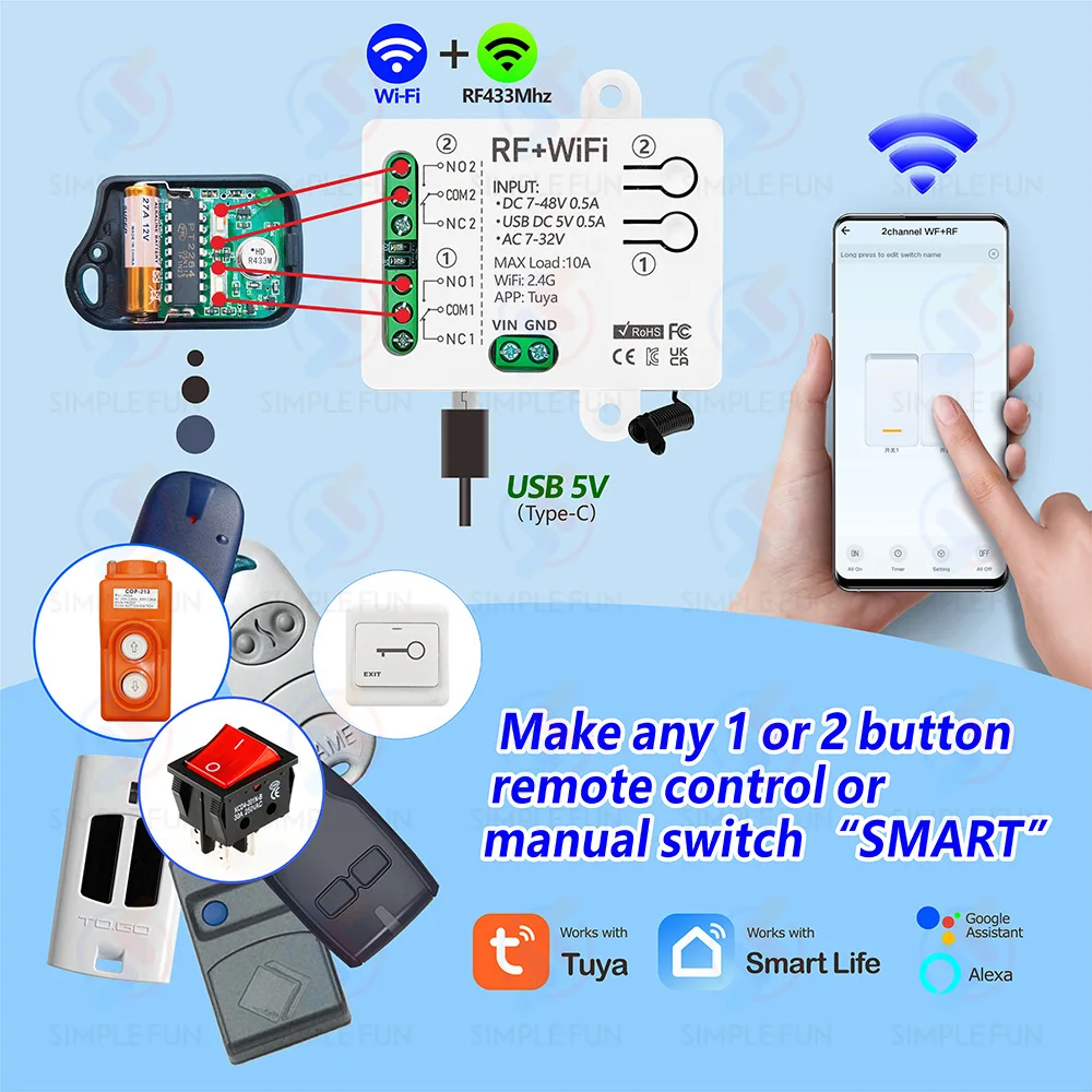 Tuya WiFi RF433mhz Motor Remote Control Switch 2 CH DC 12V 24V DIY Switch/Garage Door Opener/Motor,Work with Alexa Google Home