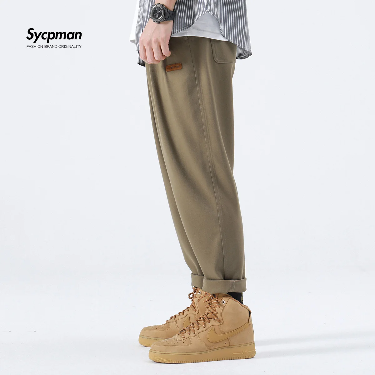 Sycpman 50 Thread Serge Casual Pants Mens Combed New Japanese Loose Straight Leg Work Man Trousers Harem