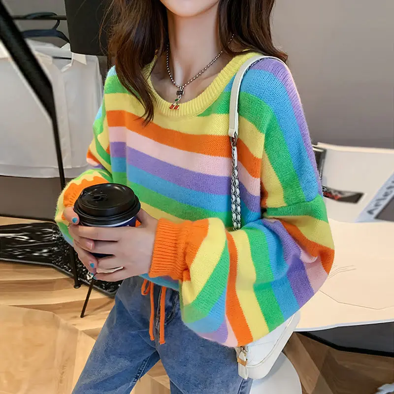 Cute Knit Tops for Woman Kawaii Women\'s Sweater Striped Pullover New In Korean Luxury Promotion Harajuku Fashion Warm Style Tall