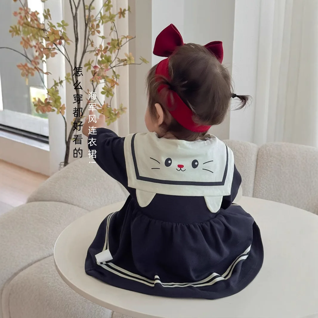 Girls' College Skirt 2025 New Autumn Korean Baby Girl's Lapel Dress 0-5Year Kid's Princess Dress