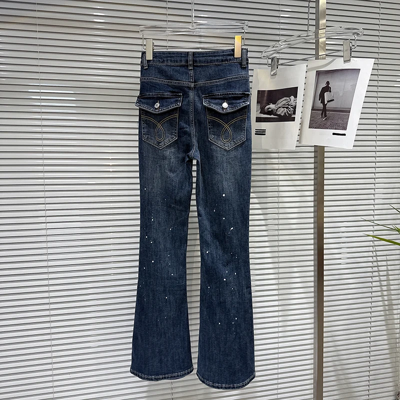 KBQ Solid Spliced Diamonds Slimming Denim Pants For Women High Waist Patchwork Button Spring Casual Jeans Female Fashion Style