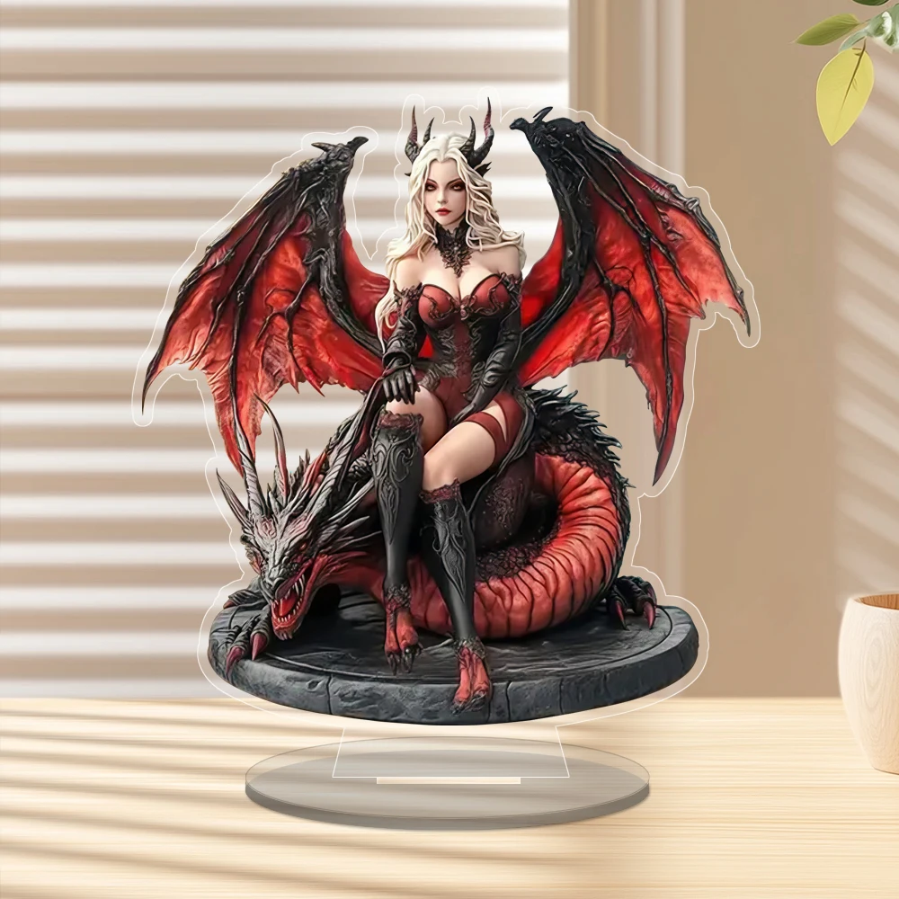 Boho Acrylic Enchantress & Red Dragon Figurine - Halloween Theme Decorative Tabletop Statue for Living Room & Various Room Types