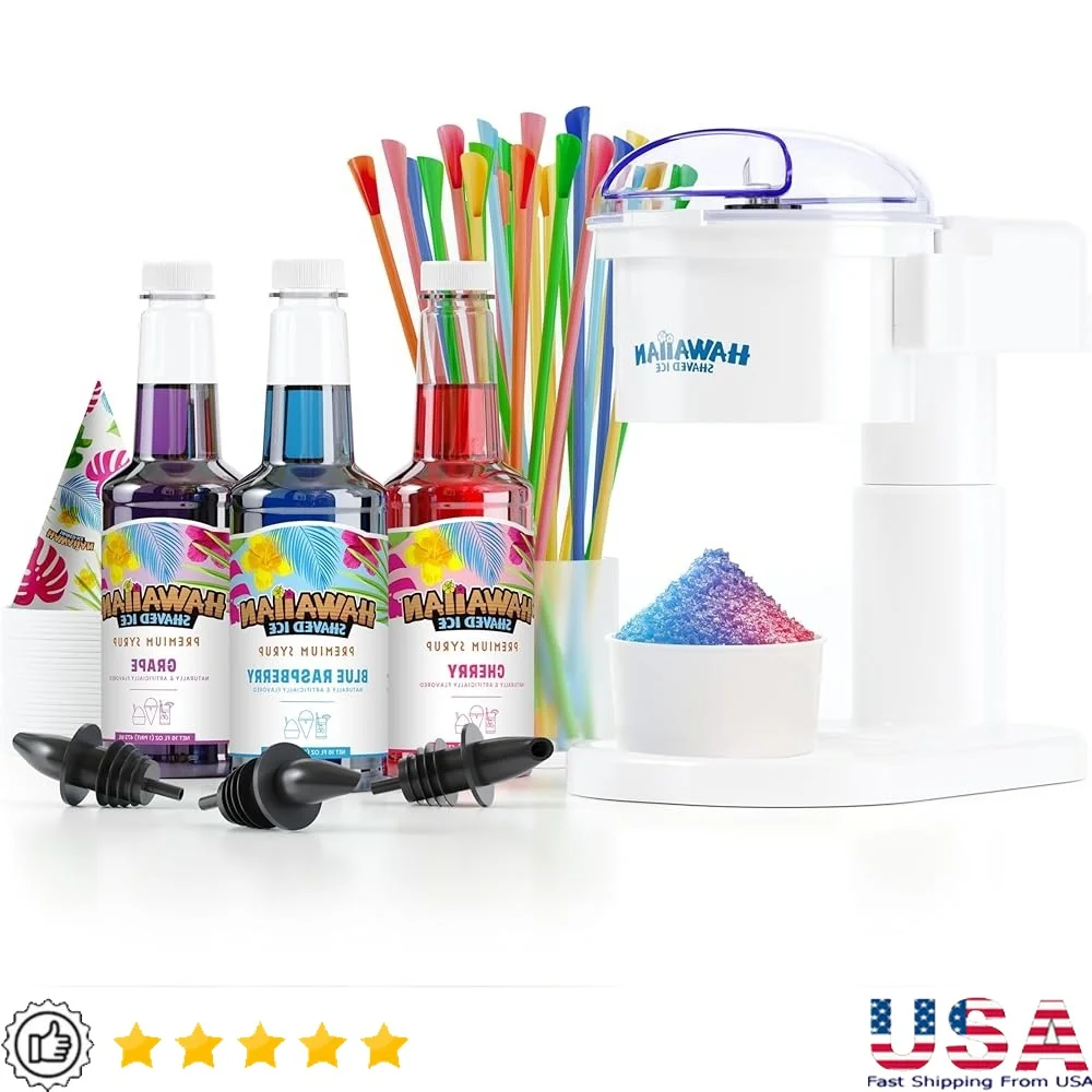 

Electric Snow Cone Machine Kit with Cherry Grape Blue Raspberry Syrups 25 Cups Spoon Straws Perfect Frozen Treats Parties