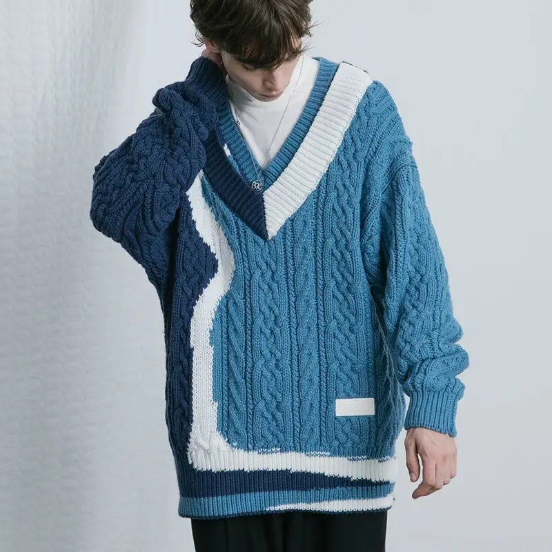 Maglione da uomo in stile coreano con cuciture personalizzate maglione a contrasto con pittura a olio blu girocollo a maniche lunghe top