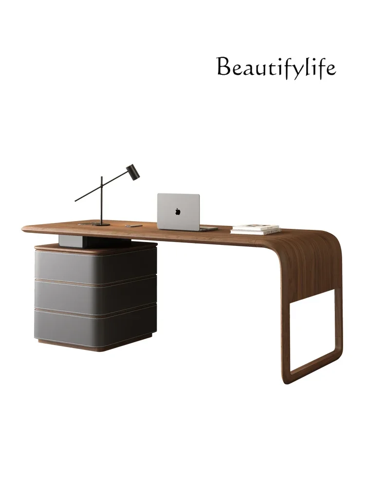 

Walnut Saddle Leather Solid Wood Desk Italian Light Luxury Desk Minimalist Home Computer Desk