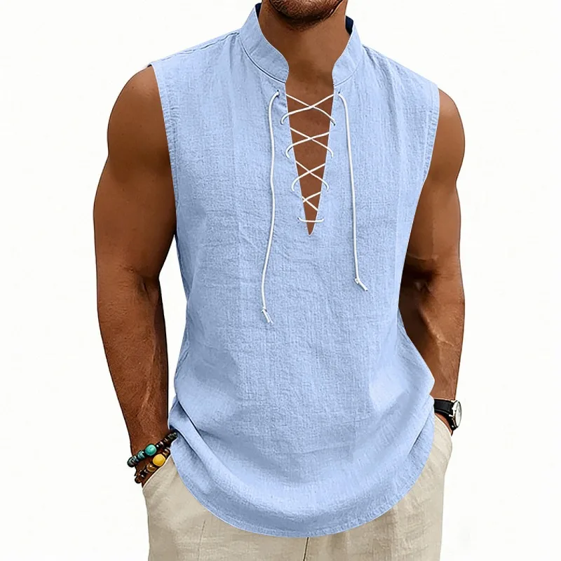 Men Summer Medieval Viking Lace Up Linen Vest Breathable Sleeveless Casual Top S 3XL