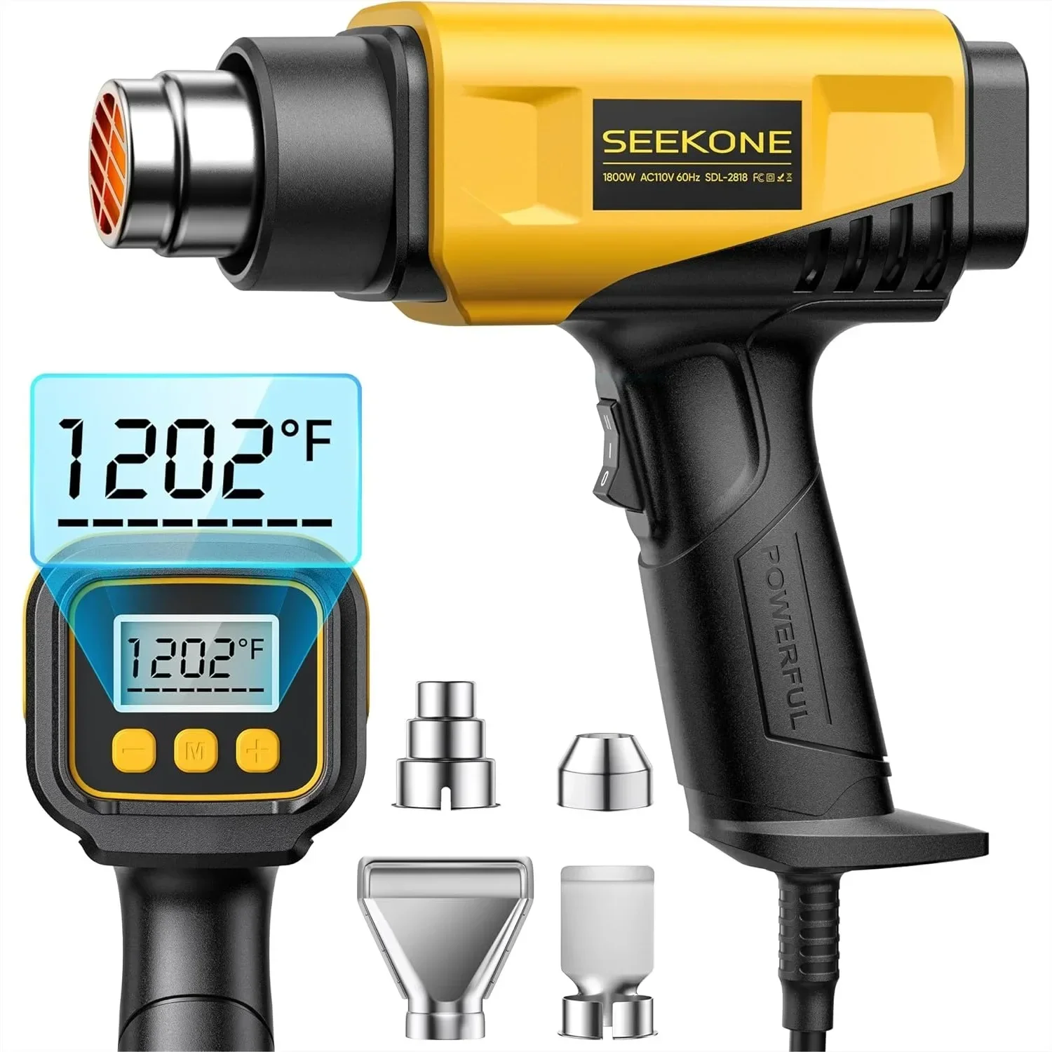 

Compact 1800W Heat Gun With LCD Display Variable Temperature 122-1202℉ 4 Nozzles For Vinyl Wrap Shrink Tubing Crafts